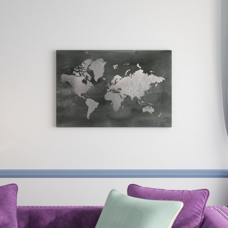 Large Silver World Map On Black Wash by Jennifer Goldberger - Painting, 20cm H x 30cm W, Wrapped Canvas