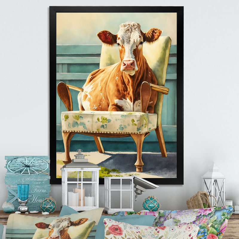 Vache sur une chaise II - Vache, art mural, H 40 po x l 30 po, Cadre photo noir