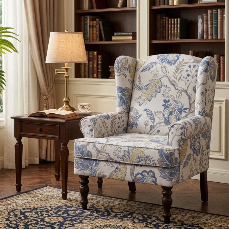 Fauteuil à oreilles rembourré Damiyah, Motif floral bleu
