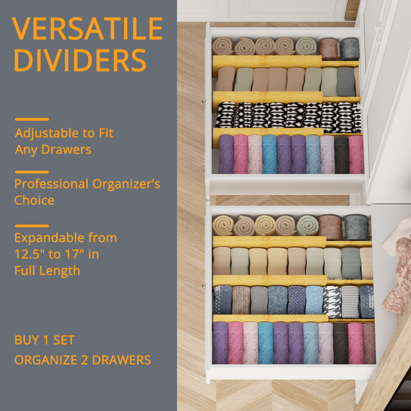 Natural Bamboo Adjustable Dresser Drawer Dividers, 4-Pack