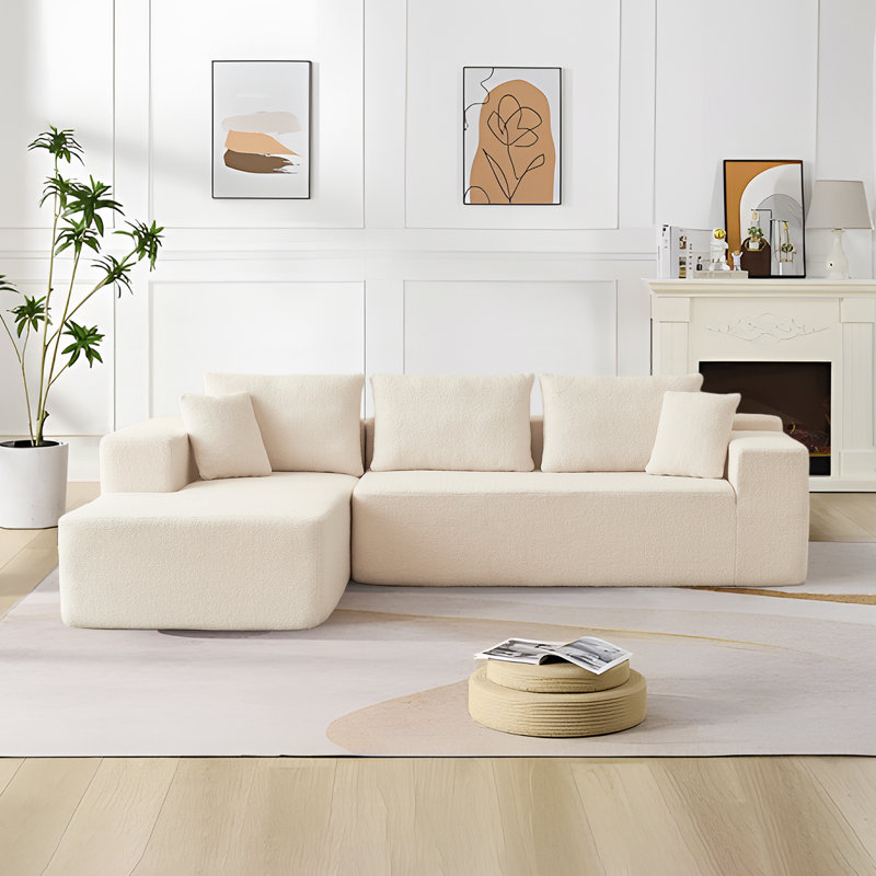 Boneless 104''W Sherpa Fabric L Shaped Sectional Sofa Modular Corner Couch With Chaise Lounge, Beige Faux Fur