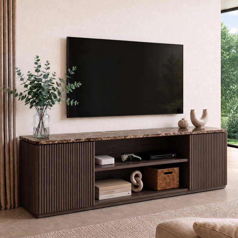 70" Fluted TV Stand for TVs Up to 80", Faux Marble Top & 1.97" Panels, Modern Media Console Entertainment Center, Brown Oak