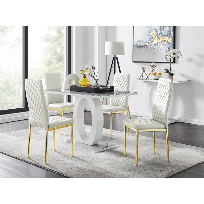 Scottsmoor 5-Piece Faux Leather Upholstered Dining Set with Pedestal Table Base, White/Gold, Gray