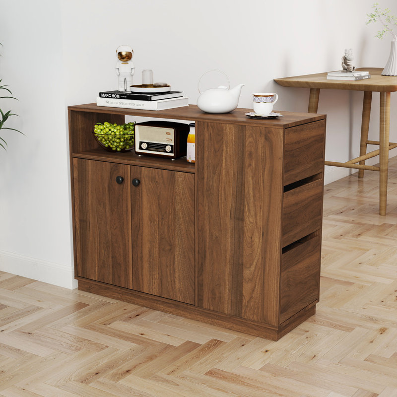 Compact Kitchen Sideboard with 2 Glass Sliding Doors, 3 Drawers & 1 Display Shelf, Ideal for Organized Storage and Modern Decor