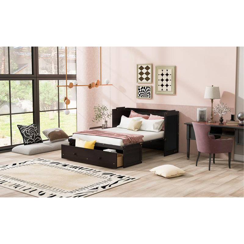 Lit escamotable avec port USB et grand tiroir, Lit double, Espresso