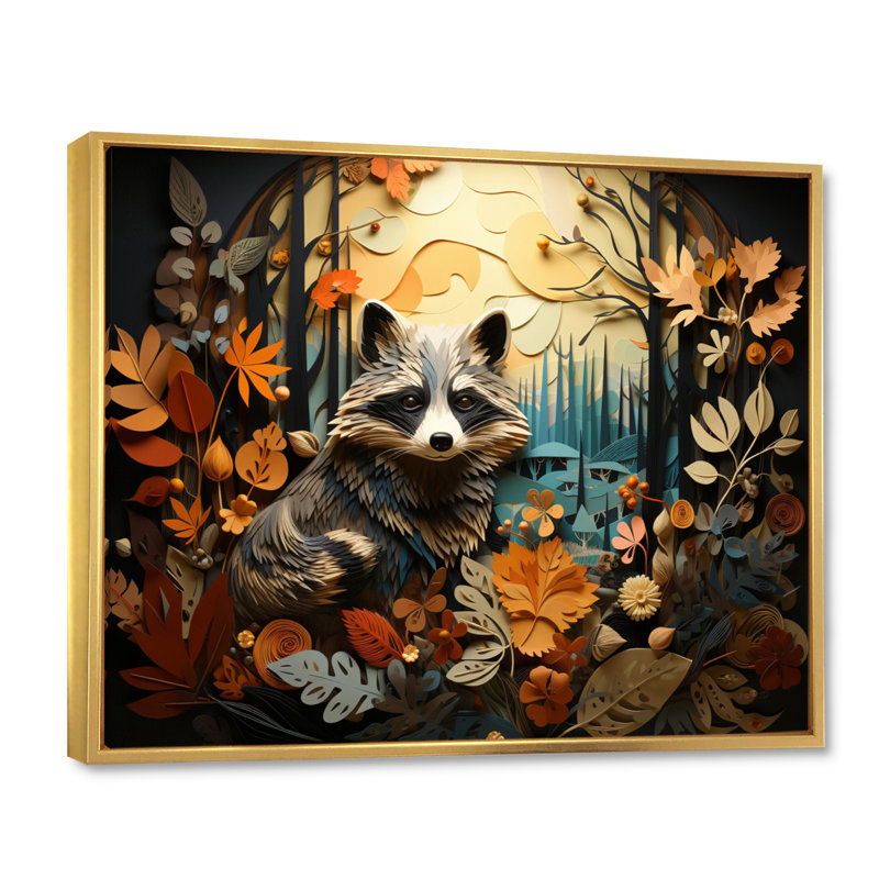 Curious Raccoon Collage I, H 12 po x l 20 po x P 1 po, Cadre flottant doré