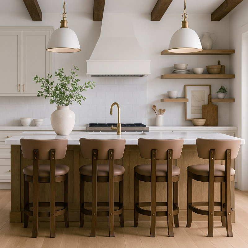 Tabouret de comptoir rembourré en cuir Phalan, Noyer teinté, Cuir brun clair végétalien