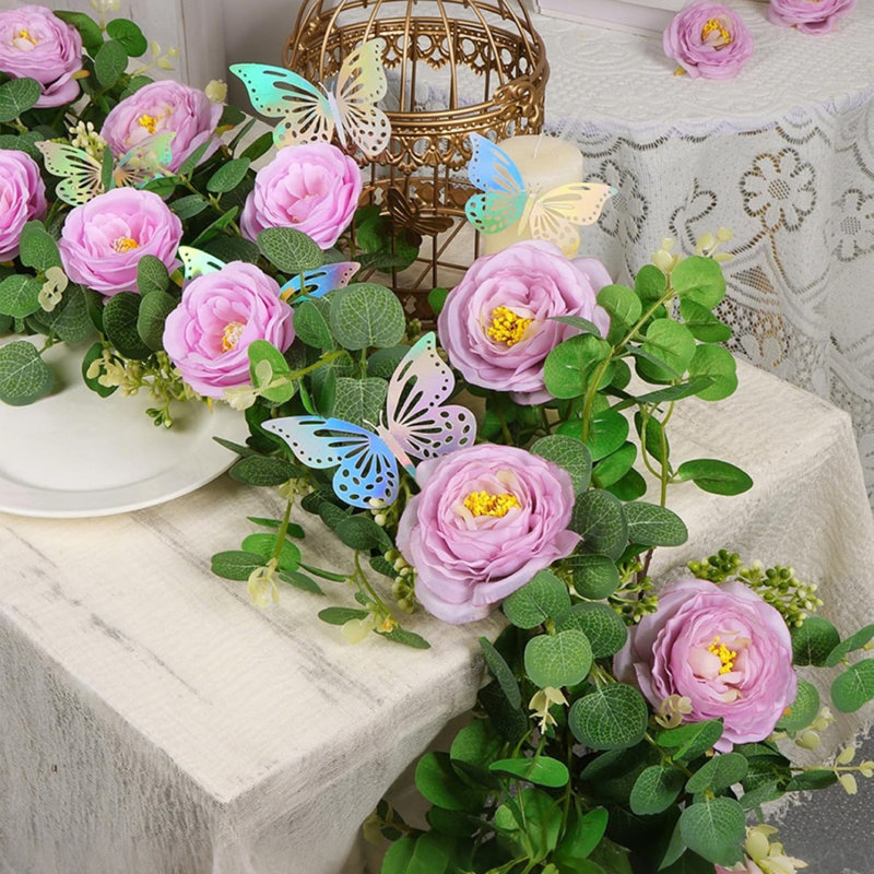 Guirlande de pivoines artificielles 5,9 pi avec papillon laser verdure Guirlande d'eucalyptus avec fleurs vignes florales printanières pour décor de table de mariage