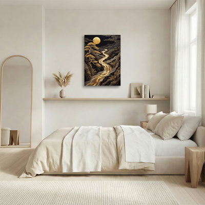 Art mural sur toile Golden Moon Over Pine Trees and Winding River