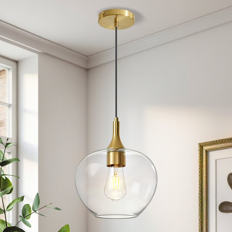 1 - Light Gold Kitchen Island Single Pendant Light With 9.45in Clear Glass Shade