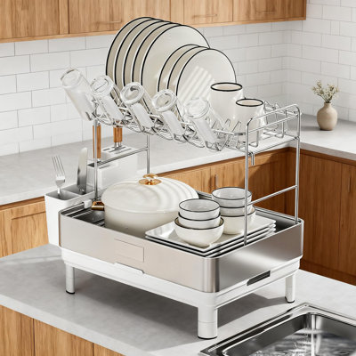 2-Tier Stainless Steel Dish Drying Rack With Automatic Drainage, Utensil Holder And Cup Storage, Space Saving Kitchen Counter Dish Drainer Organizer