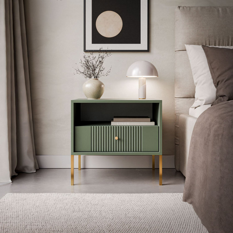 54 cm W Bedside Table, smoke green + gold legs