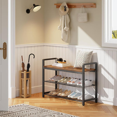 Banc à chaussures, banc à 3 niveaux pour porte d'entrée, banc de rangement pour chaussures de 29,5 po avec poignées en métal, range-chaussures industriel pour le couloir, économie d'espace, tablettes en filet, brun rustique et noir