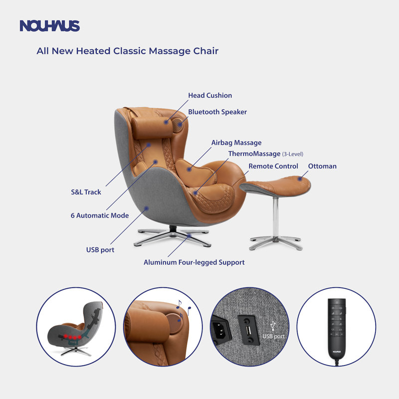Nouhaus Inc NOUHAUS Heated Classic Massage Chair Full Body and Spot Massaging Recliner with Ottoman, Bluetooth Speaker, in-Chair Charger. Portable Shiatsu Body Massager Chair