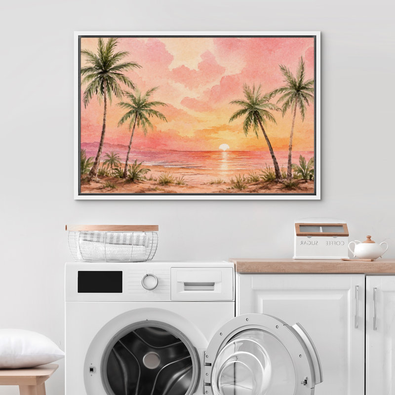 «Tropical Palm Tree Sunset Beach Landscape Coastal Artwork», reproduction d'art sur toile encadrée, H 24 po x l 36 po, Blanc