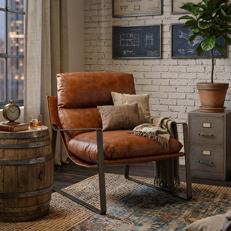 Gerani Faux Leather Armchair, Light Brown Faux Leather