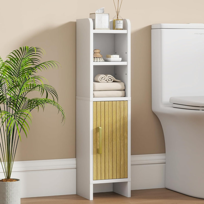 Bathroom Storage Cabinet, Small Corner Floor Cabinet With Fluted Door Narrow Toilet Paper Cabinet With Adjustable Shelves Wooden Slim Bathroom Organizers And Storage For Small Spaces