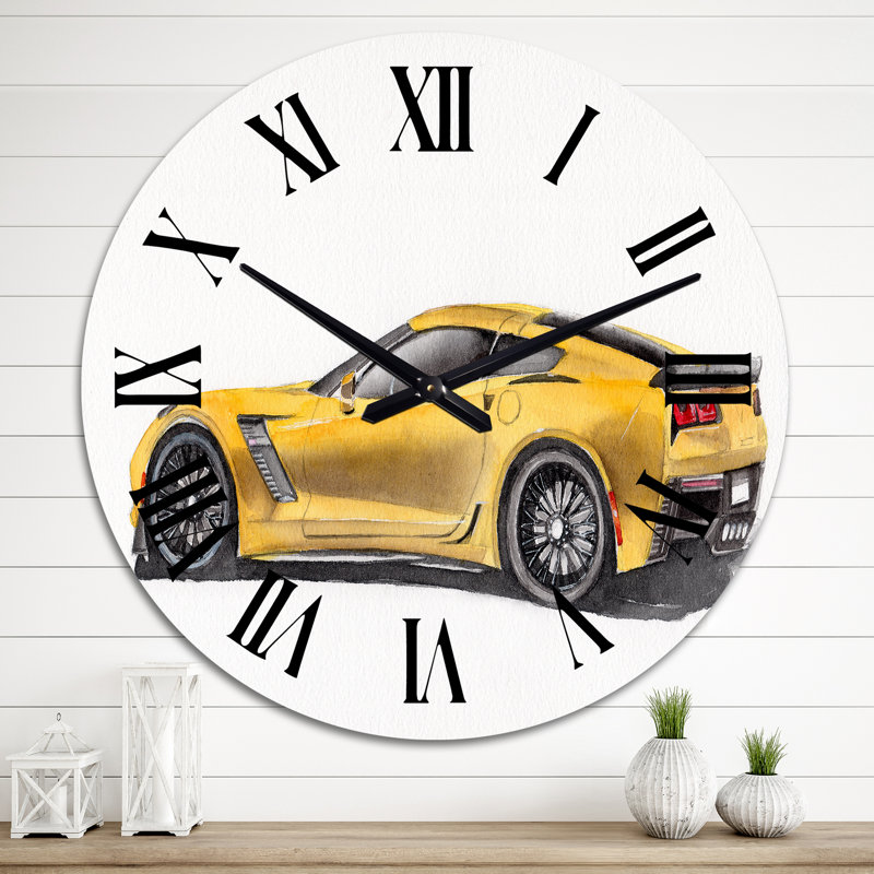 Horloge murale jaune avec voiture de sport jaune et son ombre I, Surdimensionné