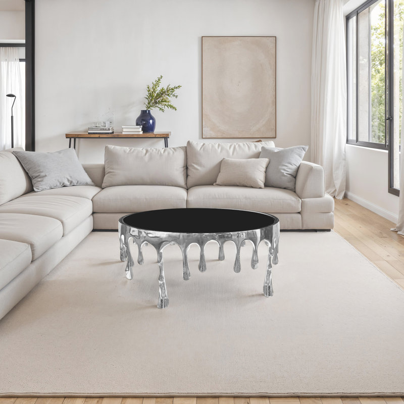 Capri Coffee Table | 36 Inch Round Glass Top | Melting Drip Design | Antique Finish, Silver