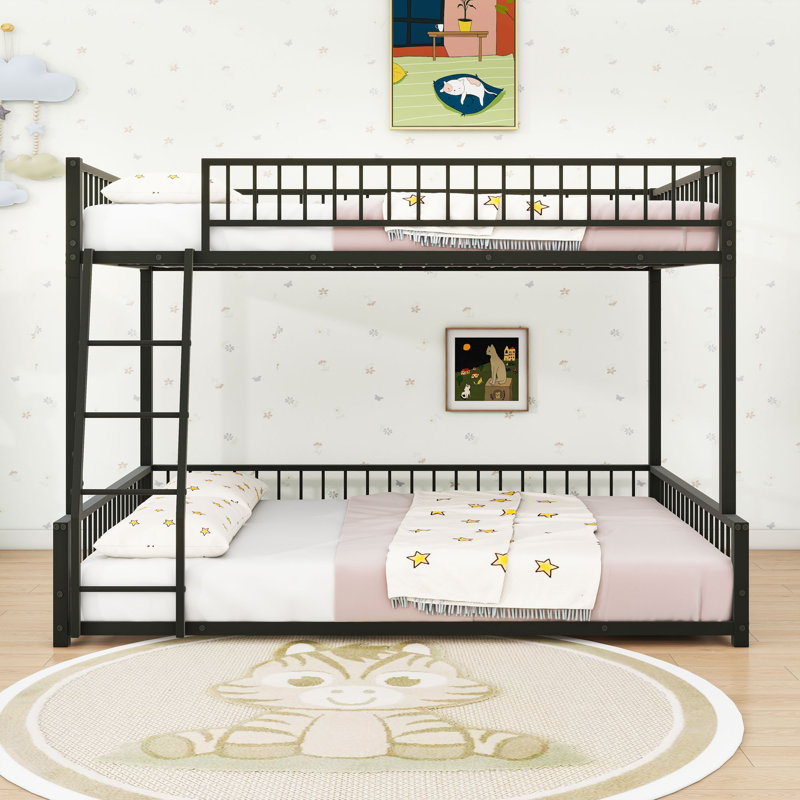 Metal Bunk Bed With Ladder And Slats, Black, Full XL Over Queen