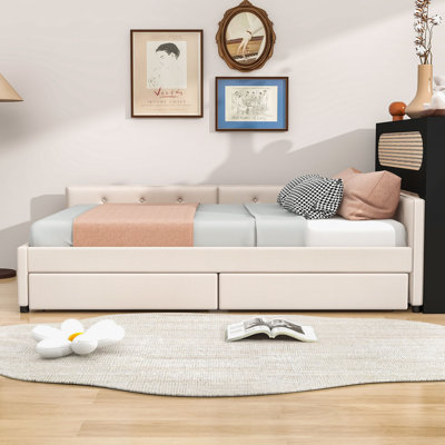 Wooden Upholstered Daybed with USB and 2 Drawers