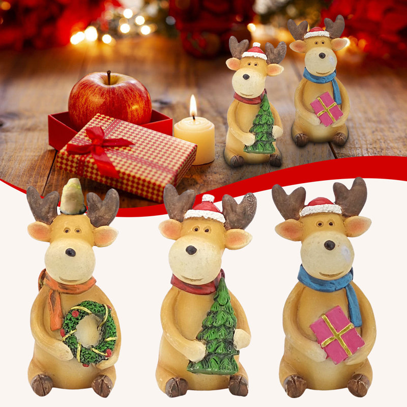 Ensemble de 3 statues de rennes de Noël mignonnes, figurine en résine pour décoration de fête de Noël