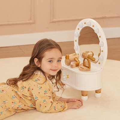 Freniland - Ensemble de salon de coiffure pour enfants - Coiffeuse avec peigne et sèche-cheveux - Coiffeuse et miroir en bois pour 3 ans et plus