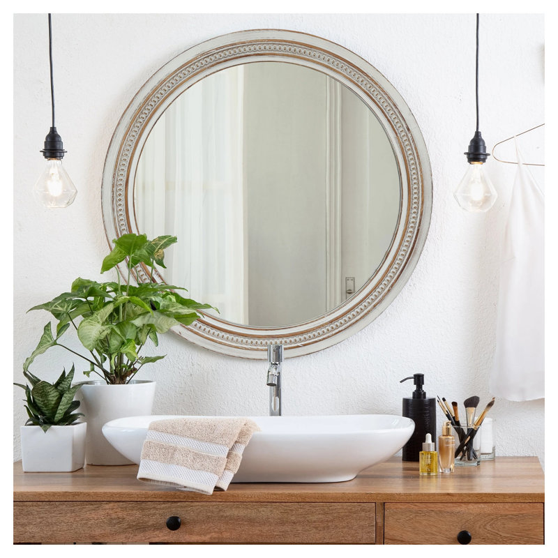 Miroir mural vintage rétro avec cadre blanc vieilli et bordure perlée - 23,62 po de diamètre
