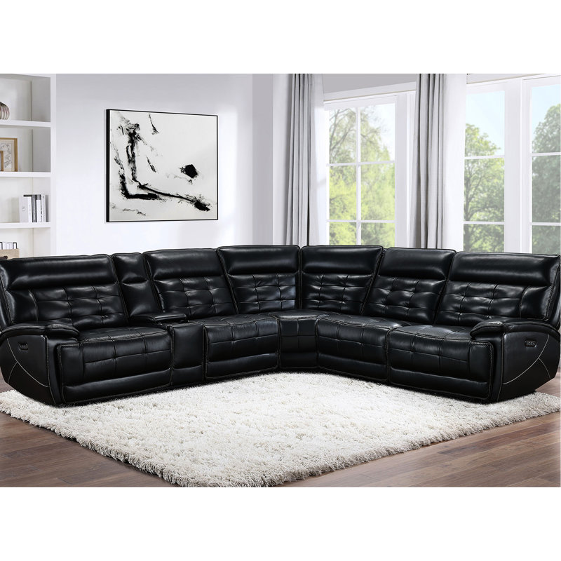 Canapé modulaire en cuir noir à double puissance avec dossier, inclinable et console de rangement à fermeture en douceur pour une installation à domicile élégante.