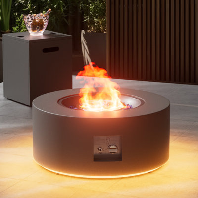 30" Round Propane Fire Pit Table, 50,000 Btu Smokeless Steel with Warm Golden Ambient Lights for Patio Backyard