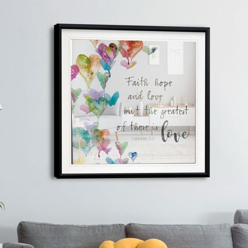 Faith, Hope and Love - impression d'art textuel, H 17,5 po x l 17,5 po x P 1,5 po, Encadré dans du plastique noir