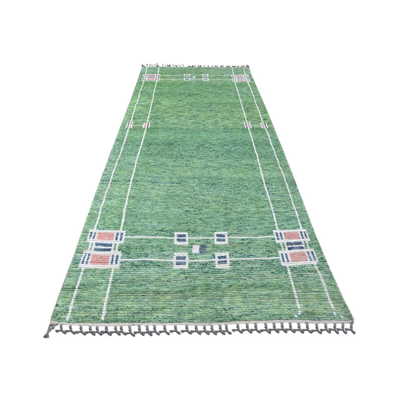 5'1"x12'3" Green Moroccan Weave Line Design Wool Hand Knotted Runner Rug 2C87AE94512948639E3B8F62EF58EB93