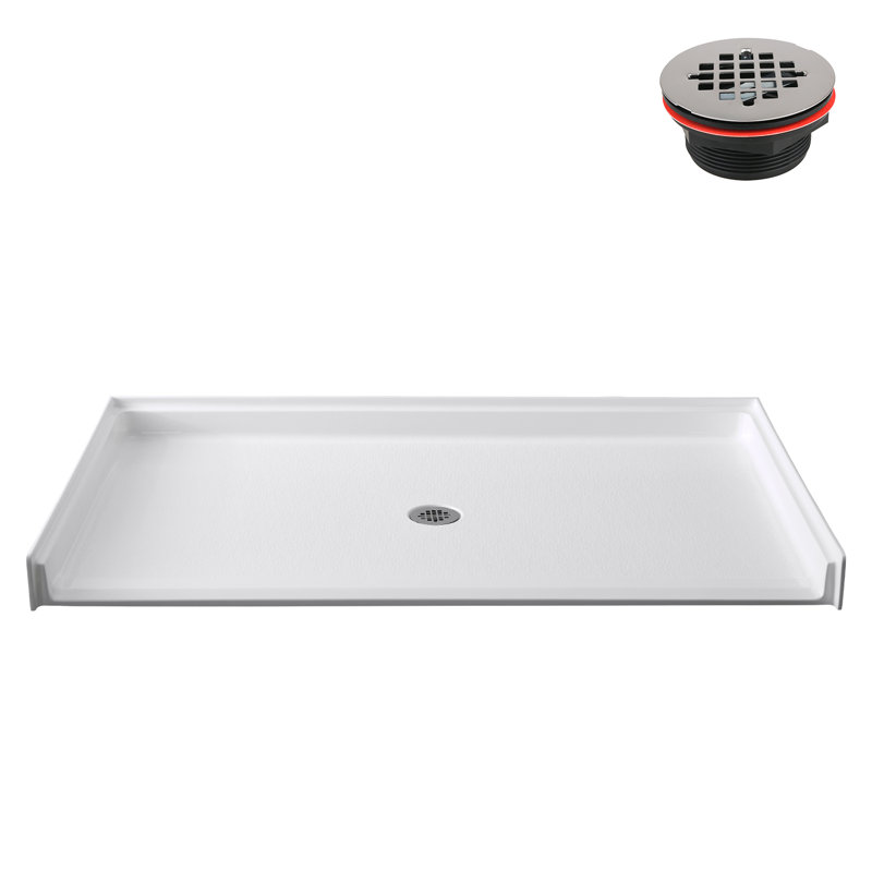 60 po x 36 po. Base de douche en alcôve en acrylique blanc brillant avec drain central, drain inclus, Blanc lustré