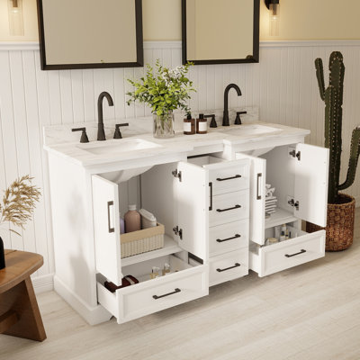 Ensemble de meuble-lavabo à double cuve 60 po en bois massif avec dosseret, surface peinte, tiroirs à fermeture en douceur, entièrement assemblé