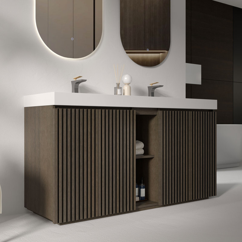 Meuble-lavabo double 60 po avec plateau à surface solide, brun chêne fumé 60 po , 60", Blanc / Brun foncé, Monotrou