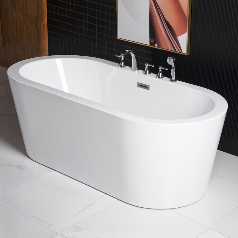 66" x 32" Freestanding Soaking Acrylic Bathtub & Faucet Combo, Installation Required, Chrome