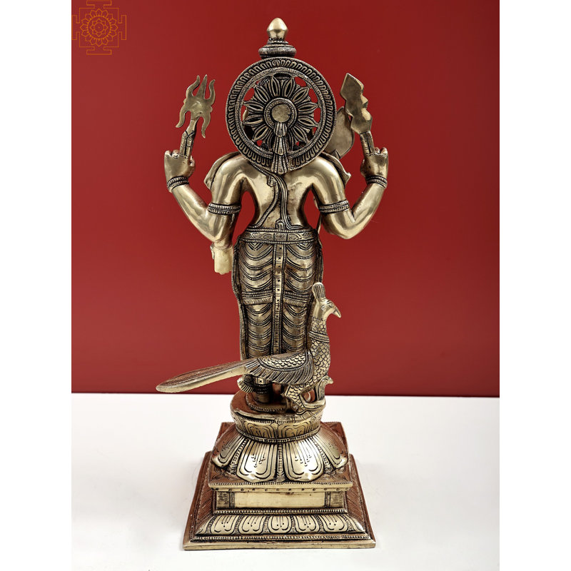 Statue 18 po Karttikeya (Murugan) en laiton - sculpture de dieu de la guerre indou fabriquée à la main pour l'autel et la décoration spirituelle