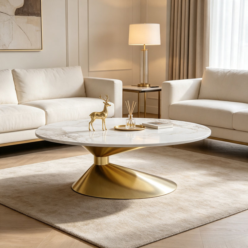 Table basse ovale en faux marbre (dorée) de 125 cm, piètement incurvé en acier inoxydable