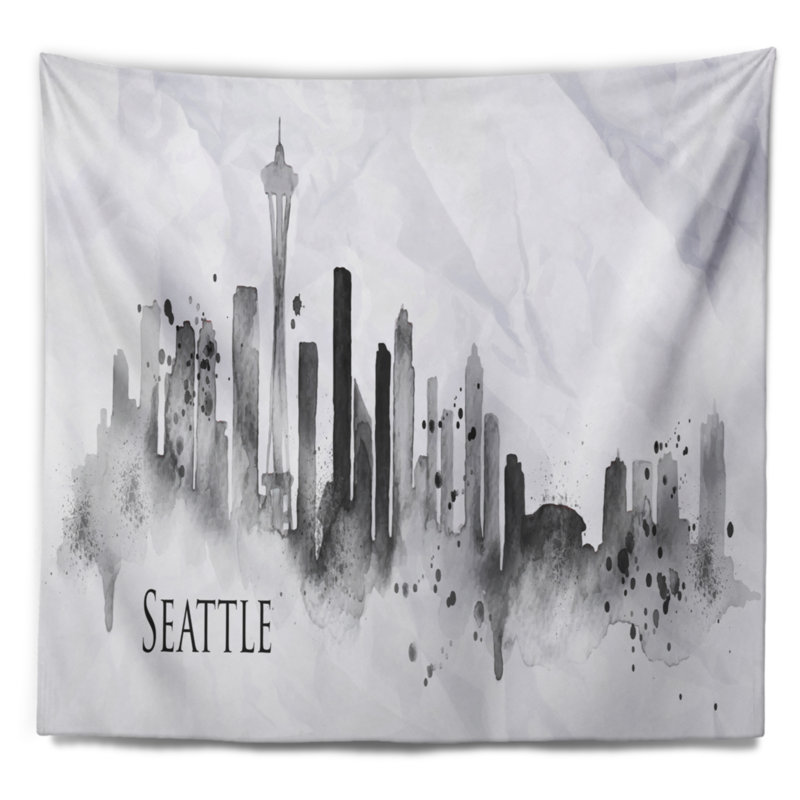 Tapisserie black silhouette cityscape seattle, H 32 po x l 39 po