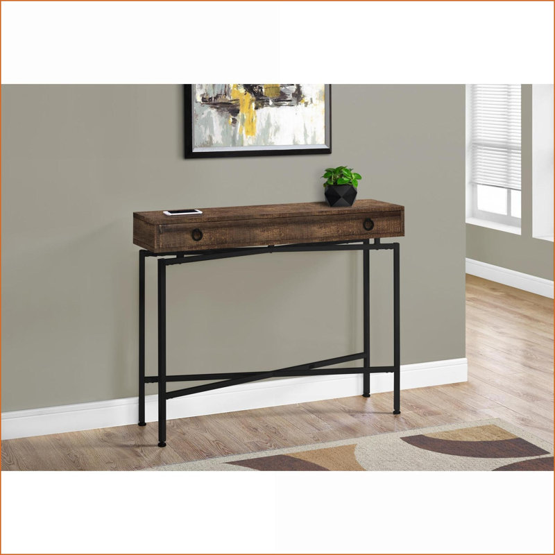 Table basse contemporaine étroite en stratifié brun avec tiroir de rangement, base en métal noir pour le salon