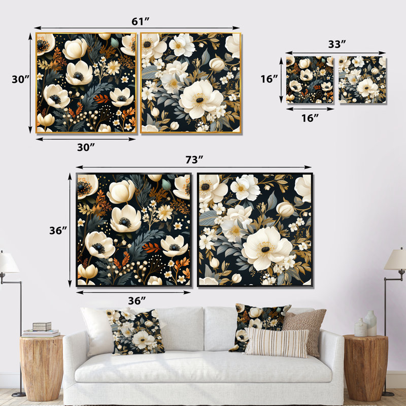 Enes - ensemble de 2 impressions murales florales, Encadrement doré, H 30 po x l 61 po x P 1 po