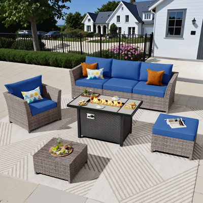 Ensemble de mobilier de patio pour 5 personnes sans assemblage requis, ensemble de conversation modulaire en rotin d'osier avec coussins, ensemble de conversation pour canapé toutes saisons pour jardin