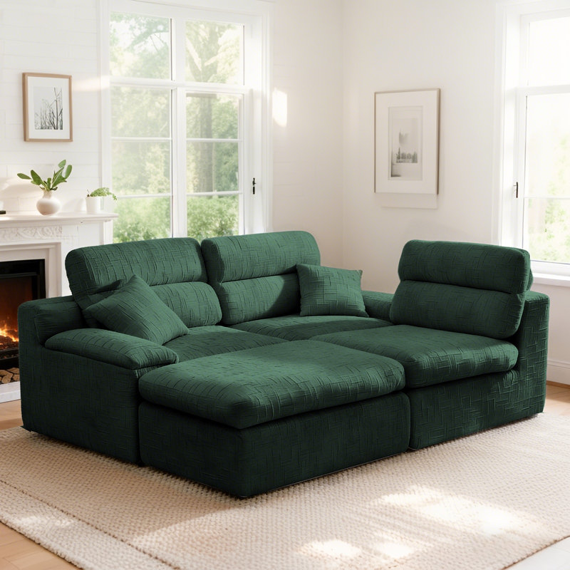 Canapé modulaire en L 110 po Chenille, Chenille vert foncé