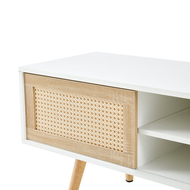 55.12" Rattan TV Cabinet, Double Sliding Doors For Storage,  Adjustable Shelf, Solid Wood Legs, TV Console For Living Room , White