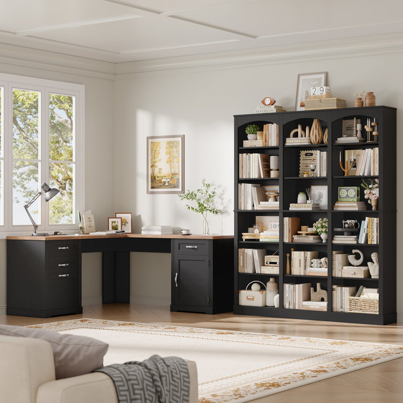 Ensemble de bureau à domicile 2 pièces, bibliothèque standard H 71,2 po x l 63,4 po avec tablettes réglables et bureau double caisson en L 59,8 po Farmhouse