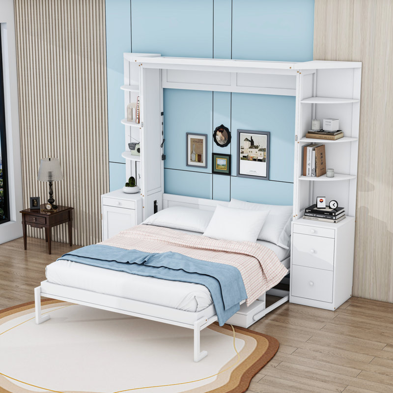 Lit escamotable Roubaix avec bureau intégré et tablettes de rangement, tiroirs et éclairage, Blanc