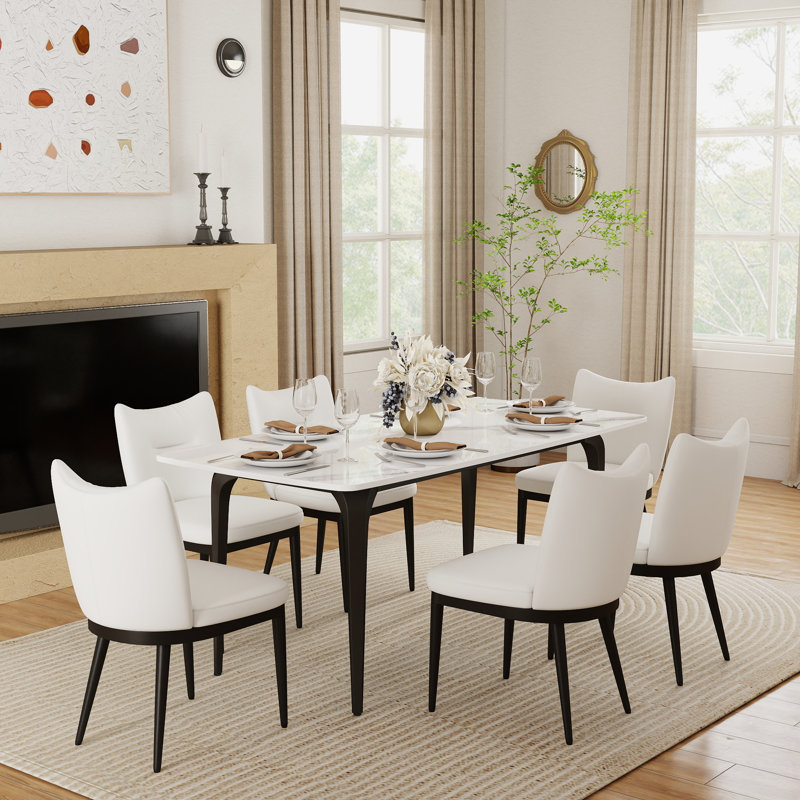 Ensemble table et chaises de salle à manger 6 personnes avec plateau en pierre frittée et revêtement en cuir PU., Blanc