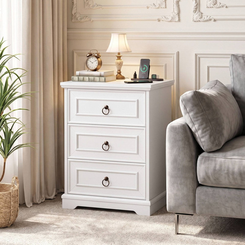 3 - Drawer Nightstand with Charging Station, White