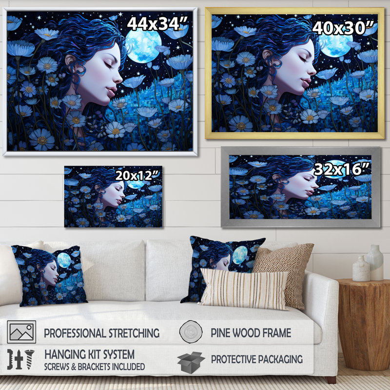 Moonlight Flower Garden Dreams Portrait sur impression sur toile, Cadre naturel flottant, H 12 po x l 20 po x P 1 po