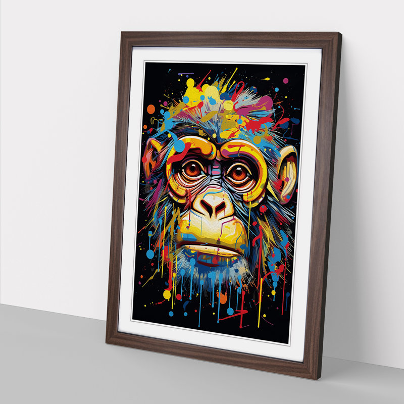 Monkey Abstract - Single Picture Frame Print on Wood, 46cm H x 34cm W x 2cm D, Walnut 